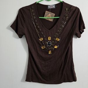 Fun Wear Factory Brown Top with Grommet Accents